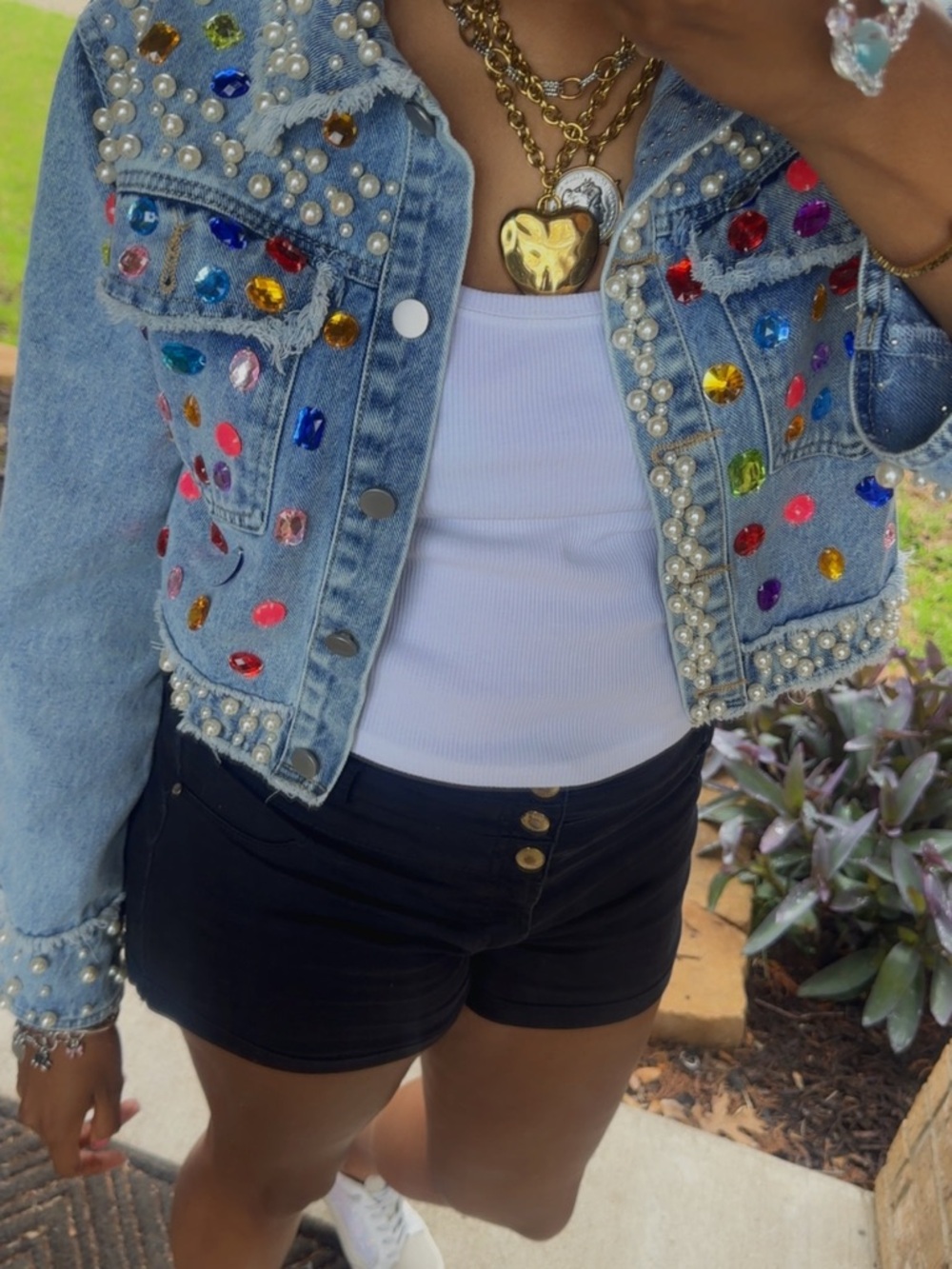 Embellished Cropped Denim Jacket with Pearls & Multicolor Gems